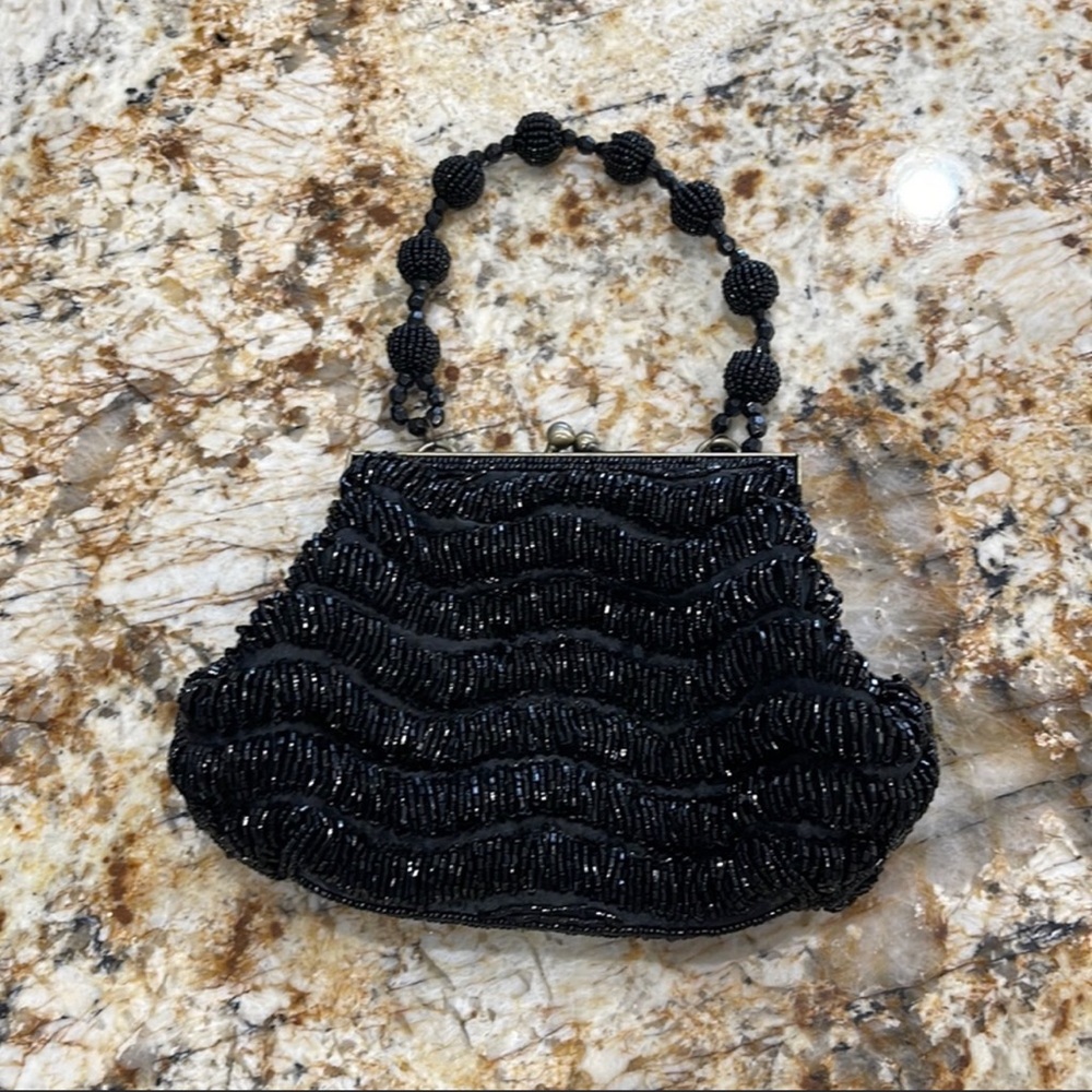Black beaded mini clutch/Crossbody with soft gold hardware
